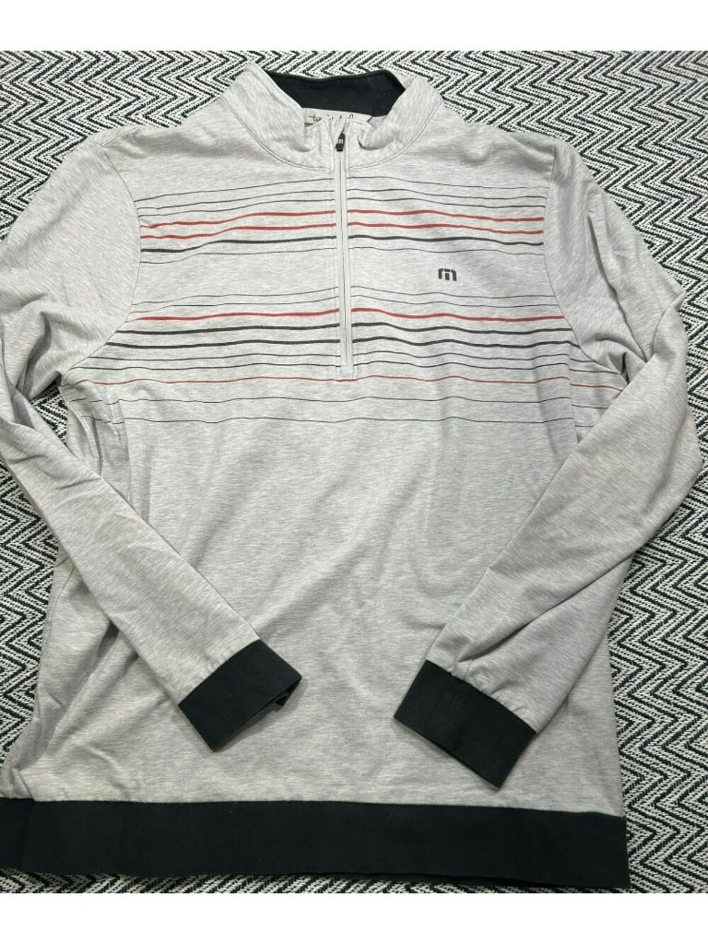 Travis Mathew Mens Gray 1/4 Zip Pullover With Striped Design Size L Lightweight
